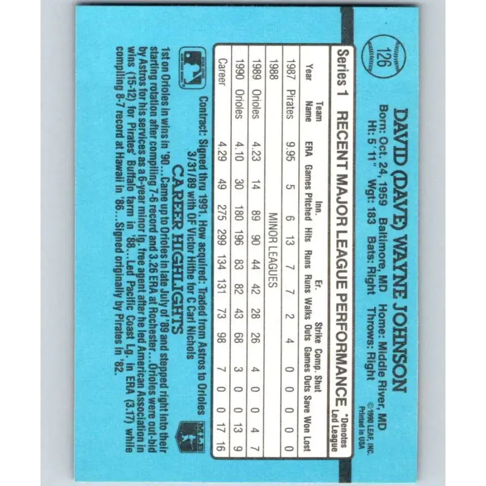 1991 Donruss #126 Dave Johnson NM-MT Baltimore Orioles Baseball Card - Baseball Card Single