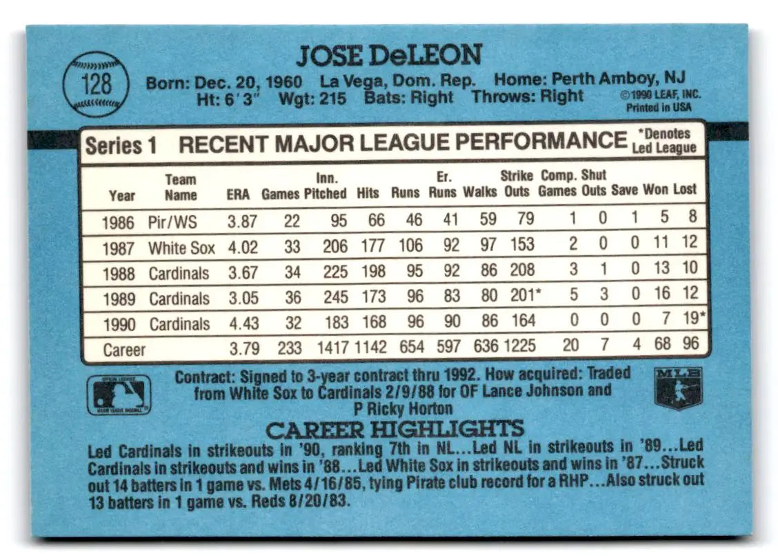 1991 Donruss #128 Jose DeLeon - Baseball Card Single