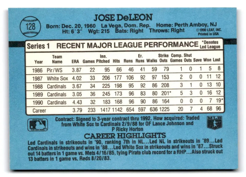 1991 Donruss #128 Jose DeLeon - Baseball Card Single