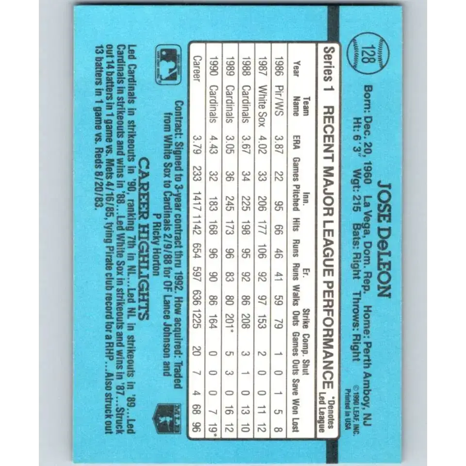 1991 Donruss #128 Jose DeLeon NM-MT St. Louis Cardinals Baseball Card - Baseball Card Single