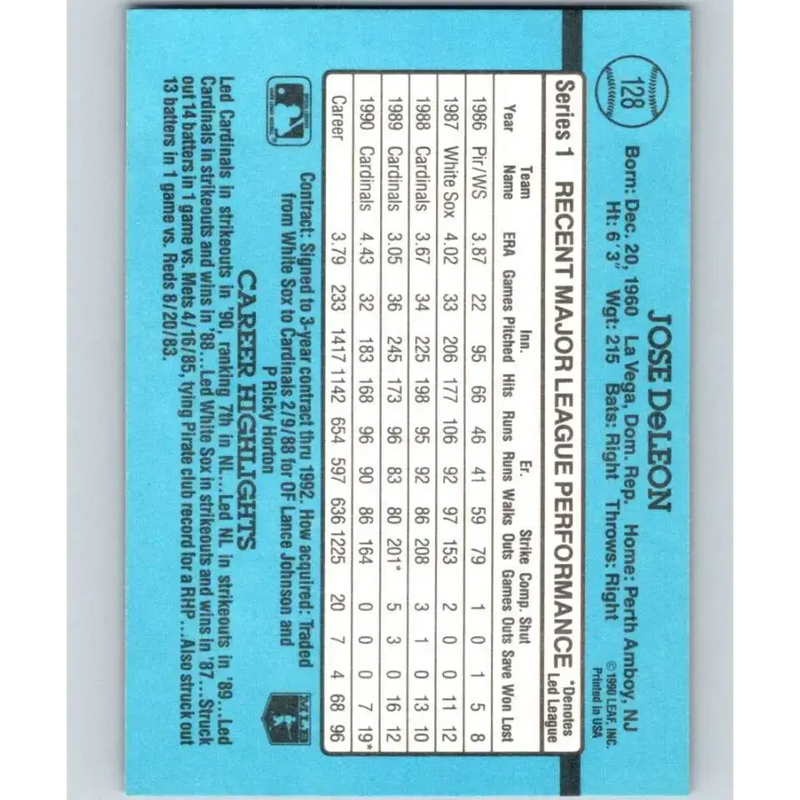1991 Donruss #128 Jose DeLeon NM-MT St. Louis Cardinals Baseball Card - Baseball Card Single