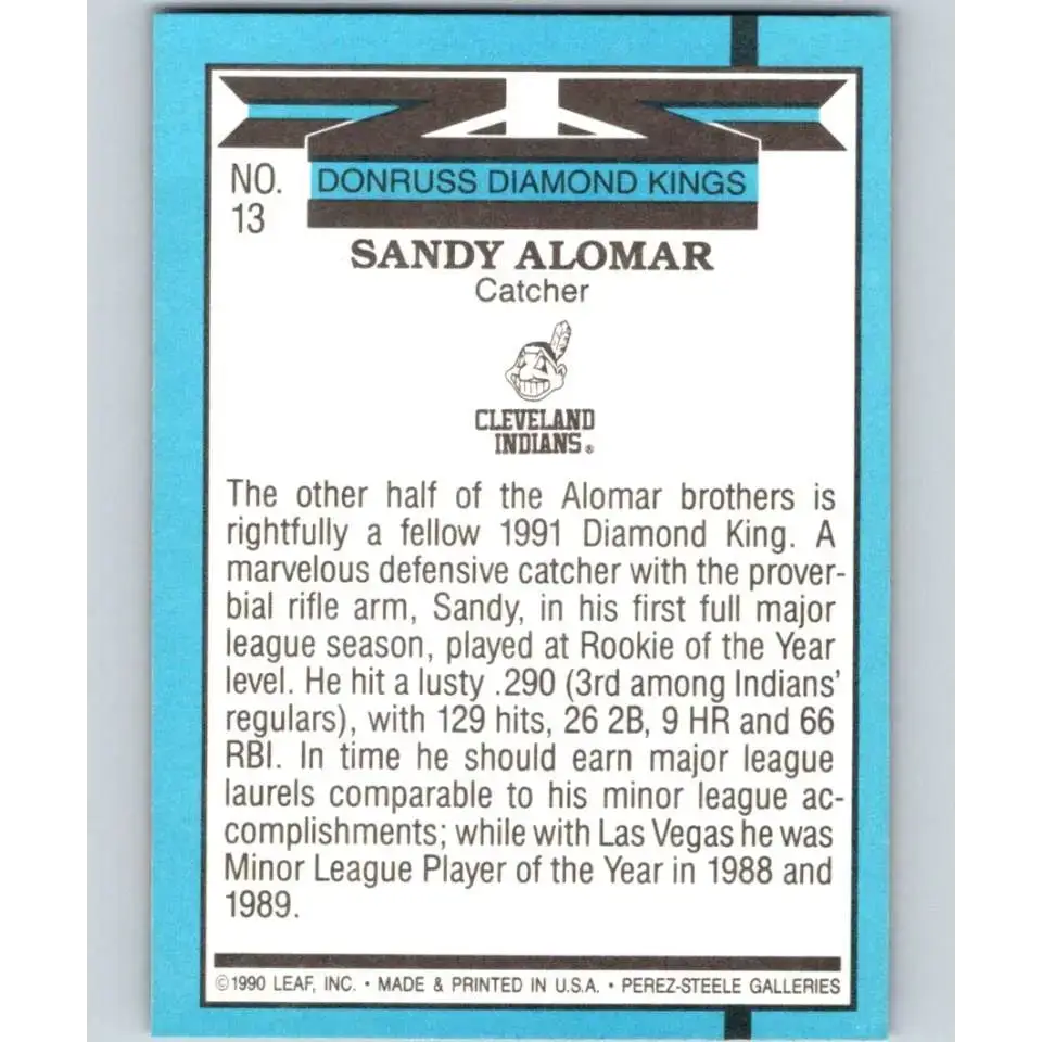1991 Donruss #13 Sandy Alomar Jr. DK NM-MT Cleveland Indians Baseball Card - Baseball Card Single