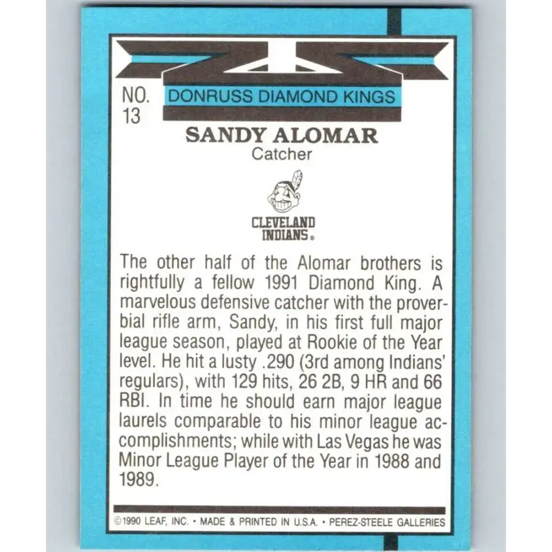 1991 Donruss #13 Sandy Alomar Jr. DK NM-MT Cleveland Indians Baseball Card - Baseball Card Single
