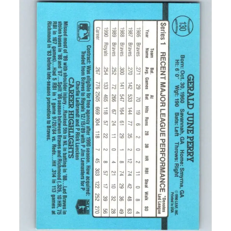 1991 Donruss #130 Gerald Perry NM-MT Kansas City Royals Baseball Card - Baseball Card Single