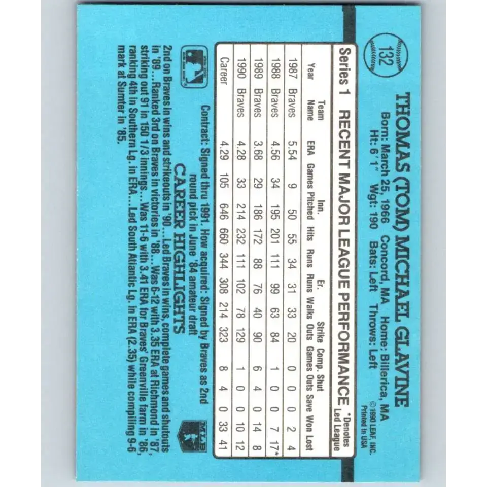1991 Donruss #132 Tom Glavine NM-MT Atlanta Braves Baseball Card - Baseball Card Single