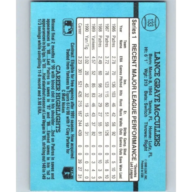 1991 Donruss #133 Lance McCullers NM-MT Detroit Tigers Baseball Card - Baseball Card Single