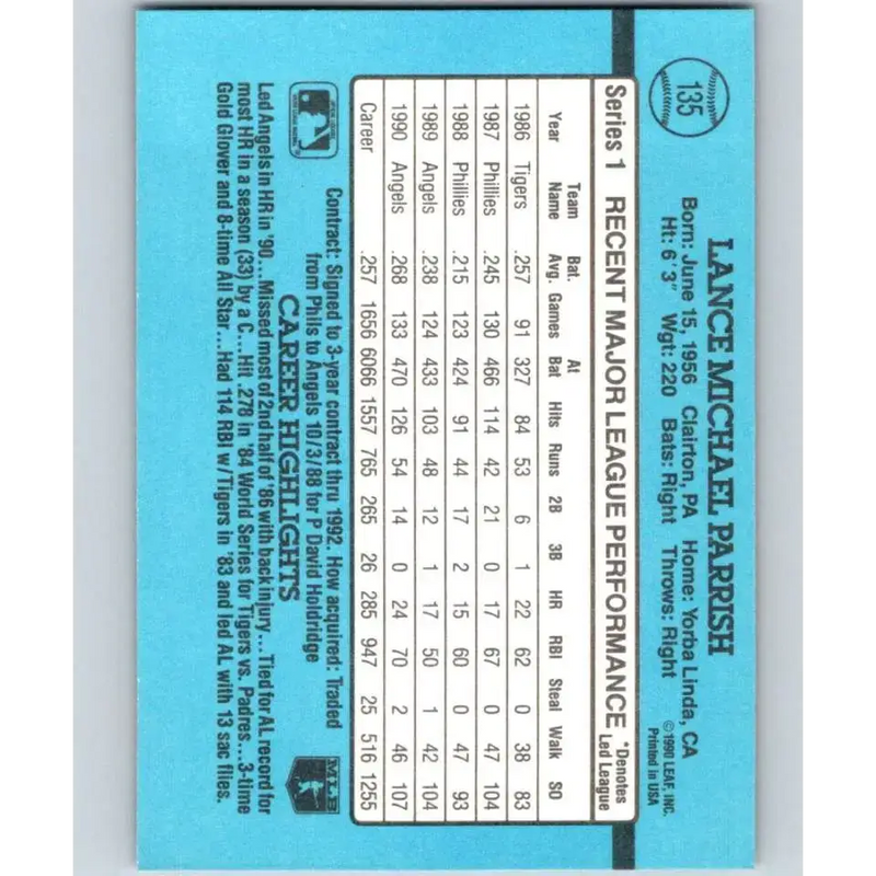 1991 Donruss #135 Lance Parrish UER NM-MT California Angels Baseball Card - Baseball Card Single
