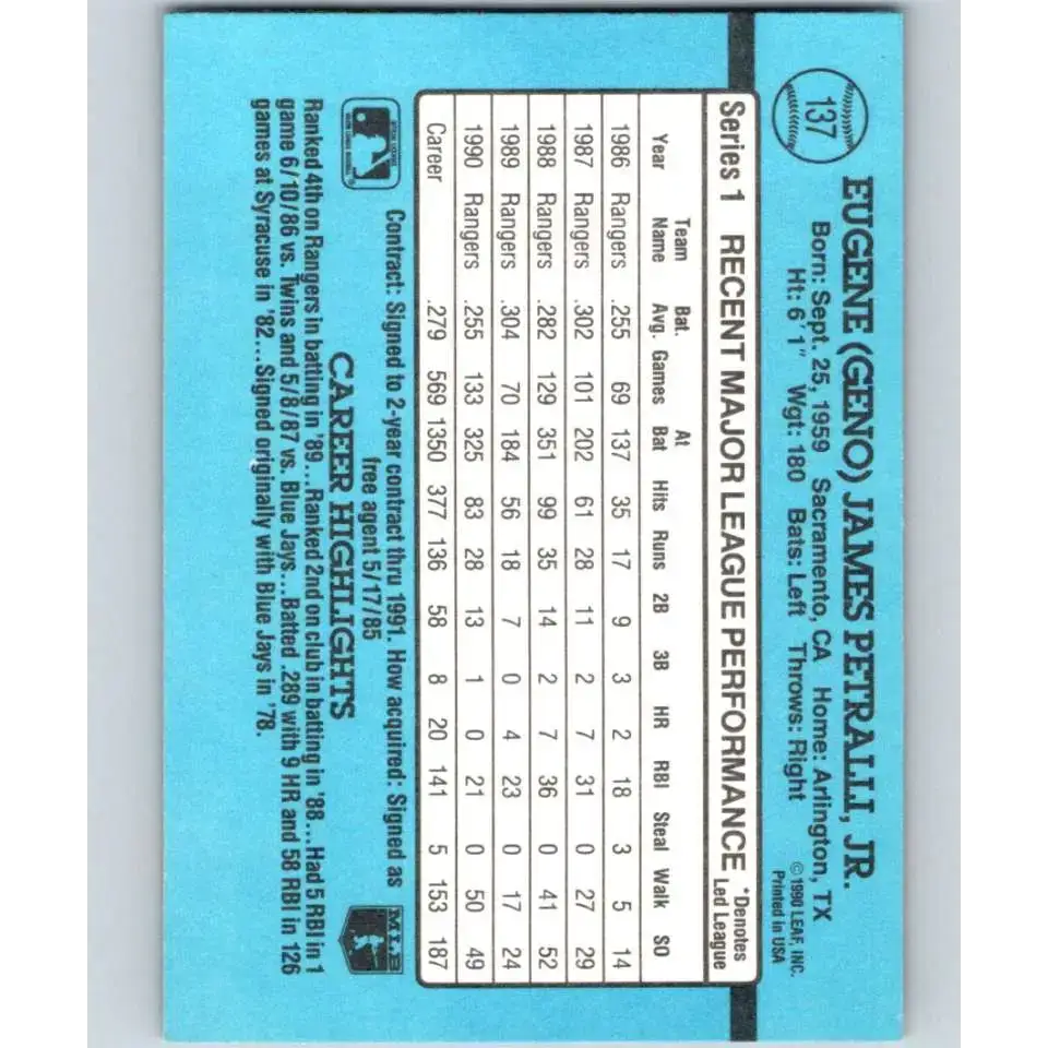 1991 Donruss #137 Geno Petralli NM-MT Texas Rangers Baseball Card - Baseball Card Single