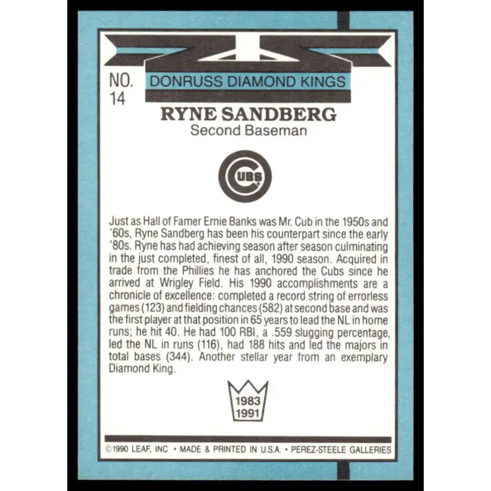 1991 Donruss #14 Ryne Sandberg EX Chicago Cubs Baseball Card - Baseball Card Single