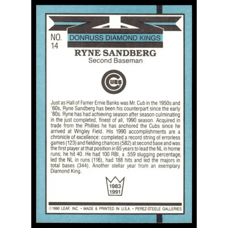 1991 Donruss #14 Ryne Sandberg EX Chicago Cubs Baseball Card - Baseball Card Single