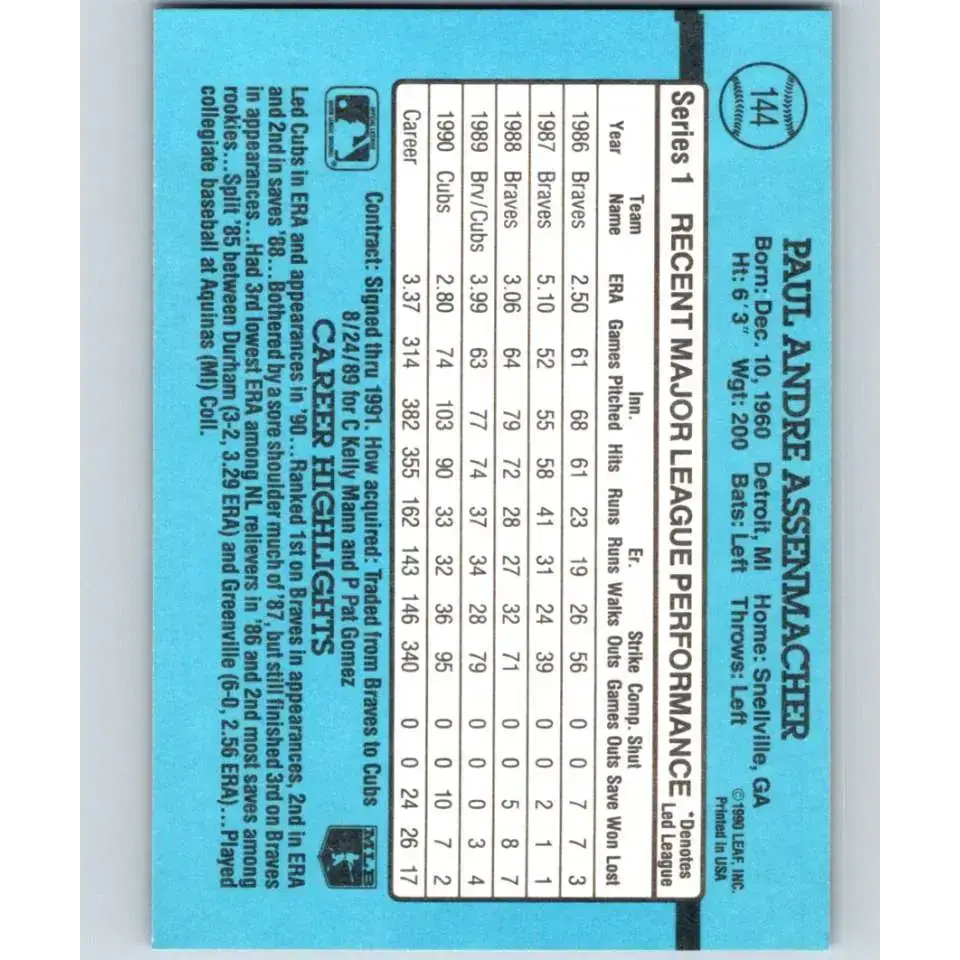 1991 Donruss #144 Paul Assenmacher NM-MT Chicago Cubs Baseball Card - Baseball Card Single
