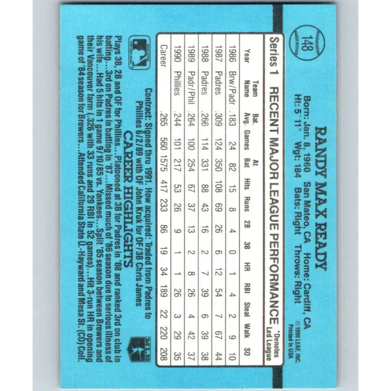 1991 Donruss #148 Randy Ready NM-MT Philadelphia Phillies Baseball Card - Baseball Card Single