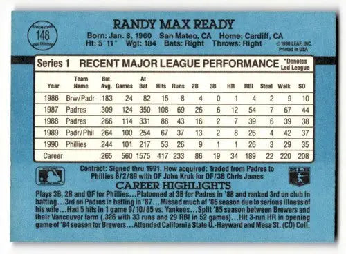 Randy Ready Philadelphia Phillies baseball card back with original gloss detail