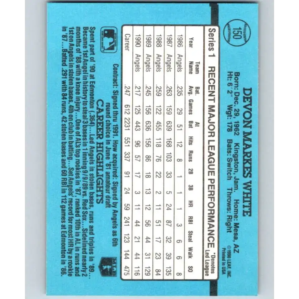 1991 Donruss #150 Devon White NM-MT California Angels Baseball Card - Baseball Card Single