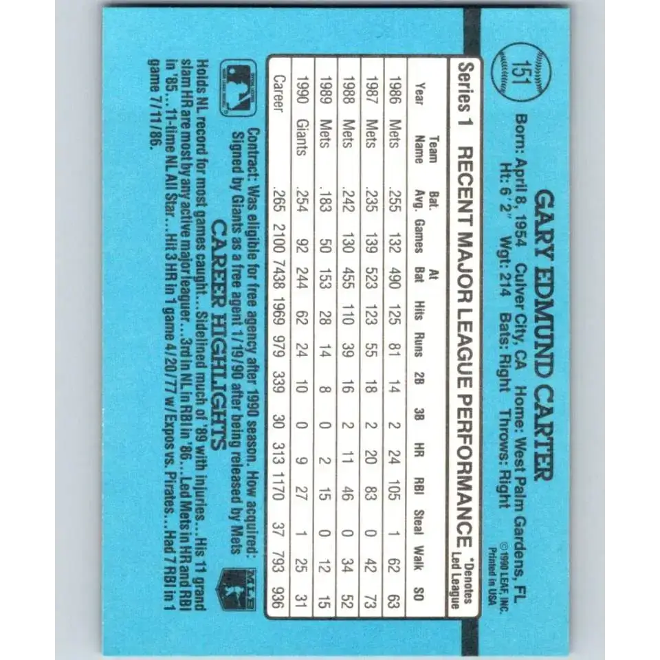 1991 Donruss #151 Gary Carter NM-MT San Francisco Giants Baseball Card - Baseball Card Single