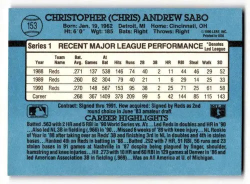 1991 Donruss #153 Chris Sabo Cincinnati Reds Baseball Cards EX/NM ID:55342 - Baseball Card Single