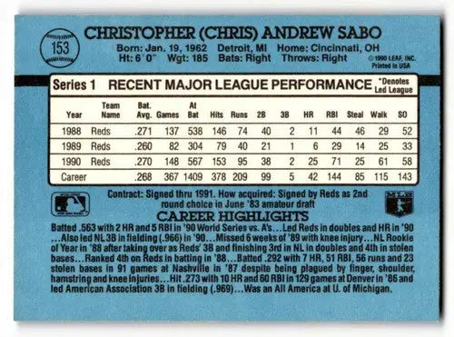 1991 Donruss #153 Chris Sabo Cincinnati Reds Baseball Cards EX/NM ID:55341 - Baseball Card Single