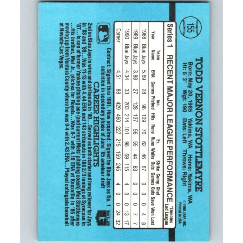 1991 Donruss #155 Todd Stottlemyre NM-MT Toronto Blue Jays Baseball Card - Baseball Card Single