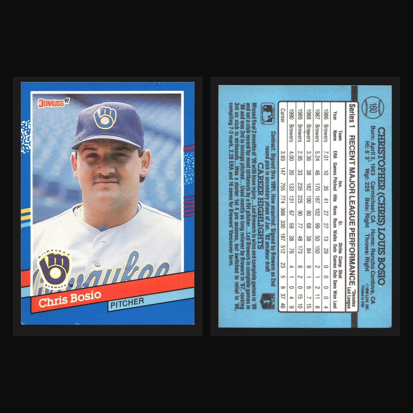 1991 Donruss #160 Chris Bosio Milwaukee Brewers - Baseball Card Single