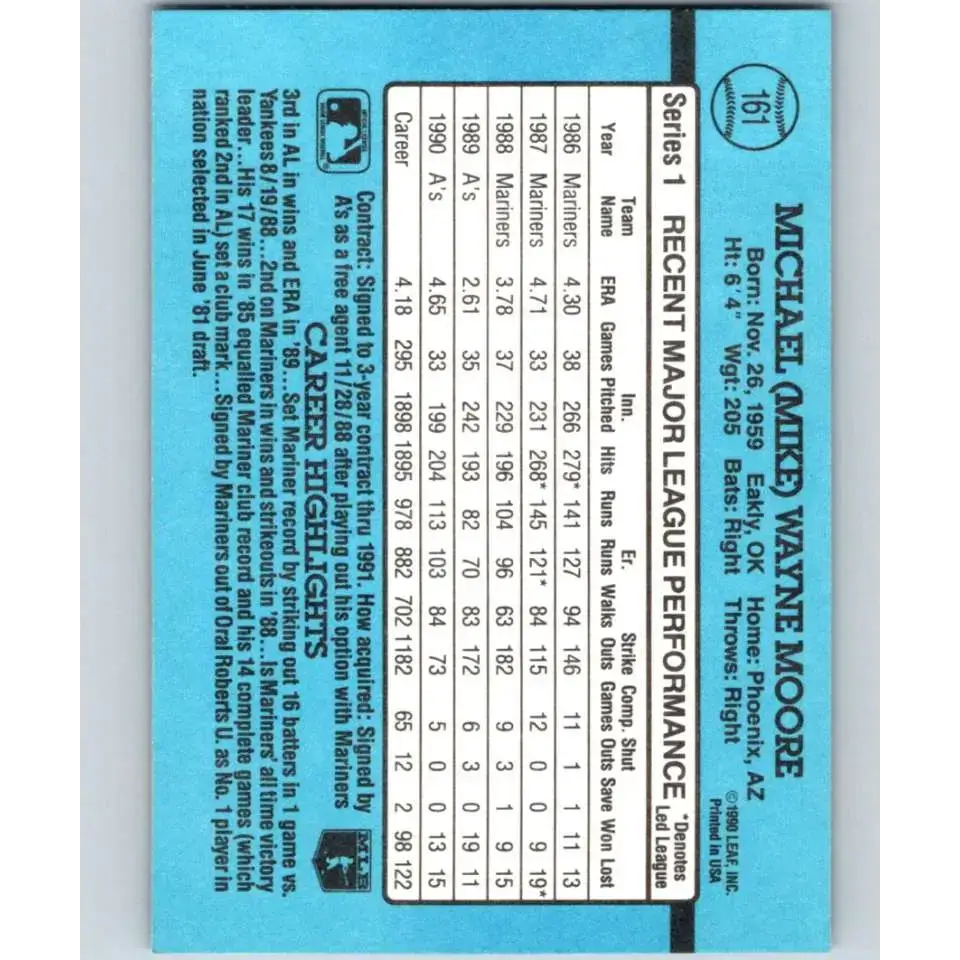 1991 Donruss #161 Mike Moore NM-MT Oakland Athletics Baseball Card - Baseball Card Single