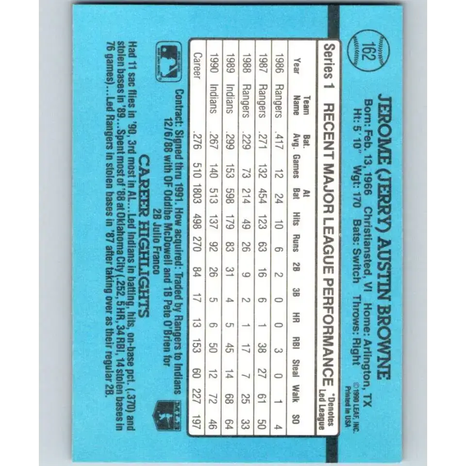 1991 Donruss #162 Jerry Browne UER NM-MT Cleveland Indians Baseball Card - Baseball Card Single