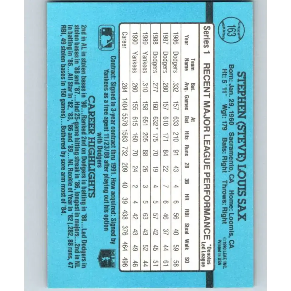 1991 Donruss #163 Steve Sax UER NM-MT New York Yankees Baseball Card - Baseball Card Single