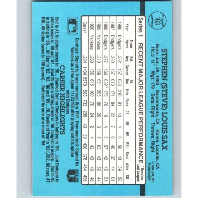 1991 Donruss #163 Steve Sax UER NM-MT New York Yankees Baseball Card - Baseball Card Single