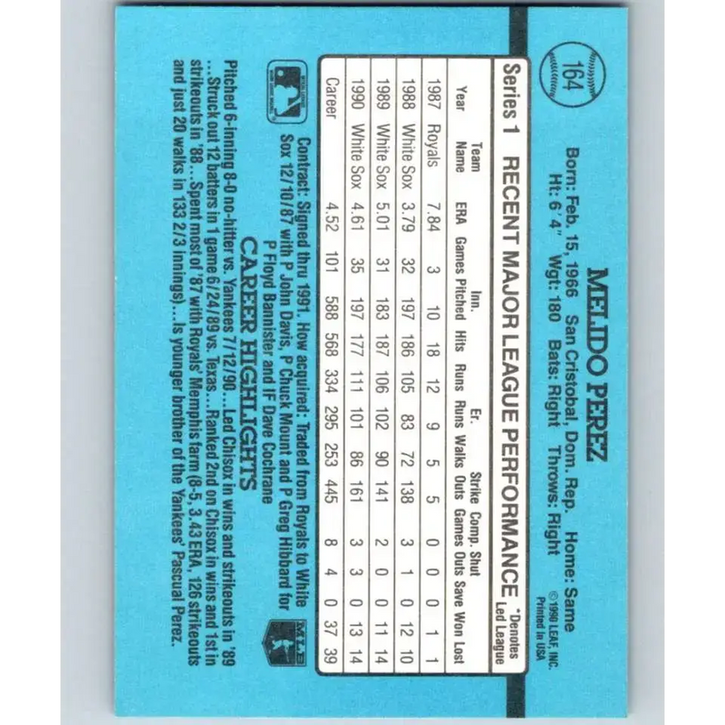 1991 Donruss #164 Melido Perez NM-MT Chicago White Sox Baseball Card - Baseball Card Single
