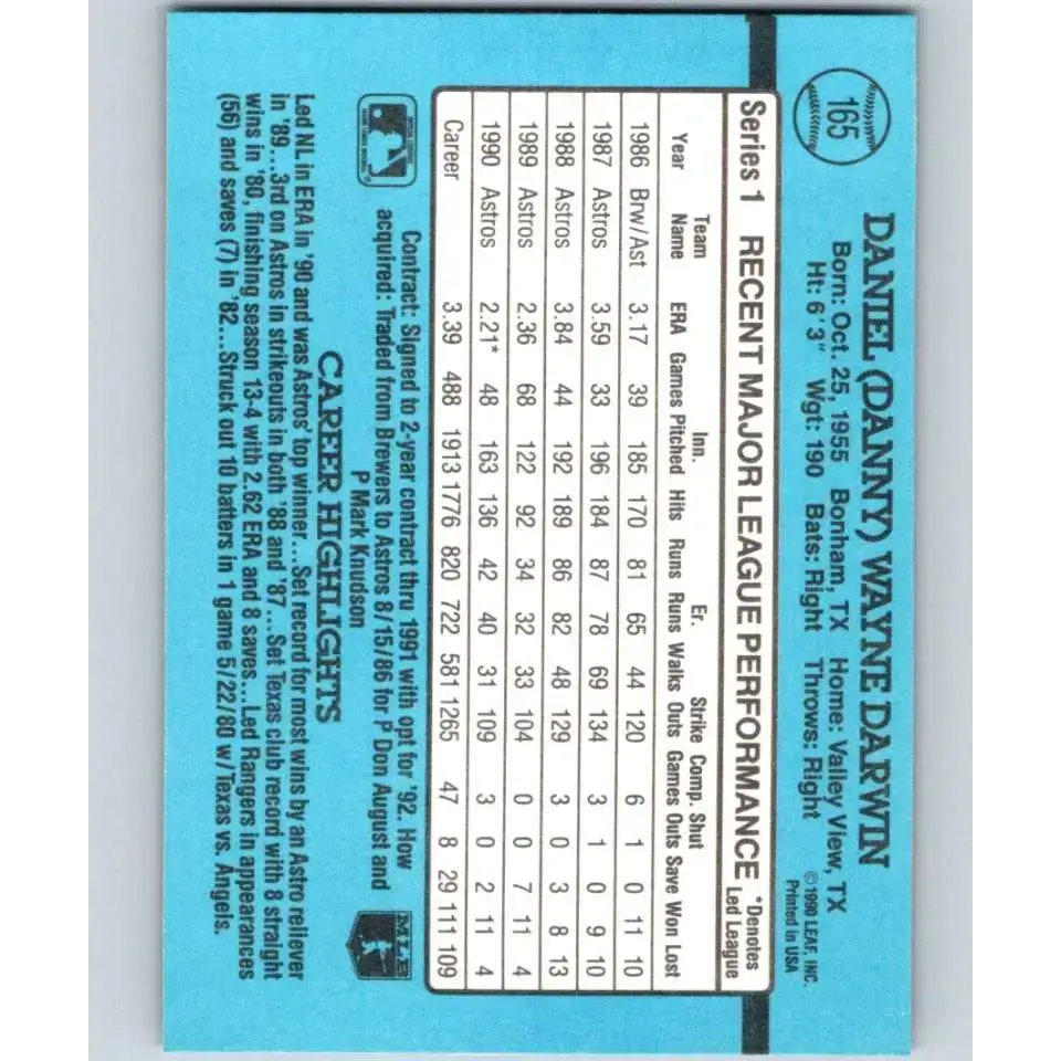 1991 Donruss #165 Danny Darwin NM-MT Houston Astros Baseball Card - Baseball Card Single