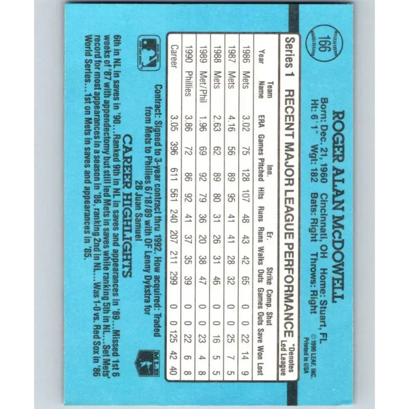 1991 Donruss #166 Roger McDowell NM-MT Philadelphia Phillies Baseball Card - Baseball Card Single