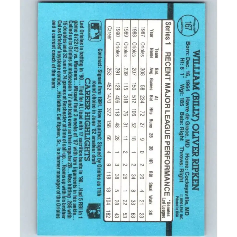 1991 Donruss #167 Billy Ripken NM-MT Baltimore Orioles Baseball Card - Baseball Card Single