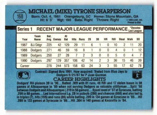 Back of 1991 Donruss Mike Sharperson Los Angeles Dodgers baseball card display