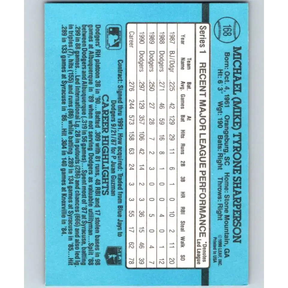 1991 Donruss #168 Mike Sharperson NM-MT Los Angeles Dodgers Baseball Card - Baseball Card Single