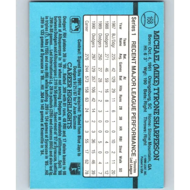 1991 Donruss #168 Mike Sharperson NM-MT Los Angeles Dodgers Baseball Card - Baseball Card Single
