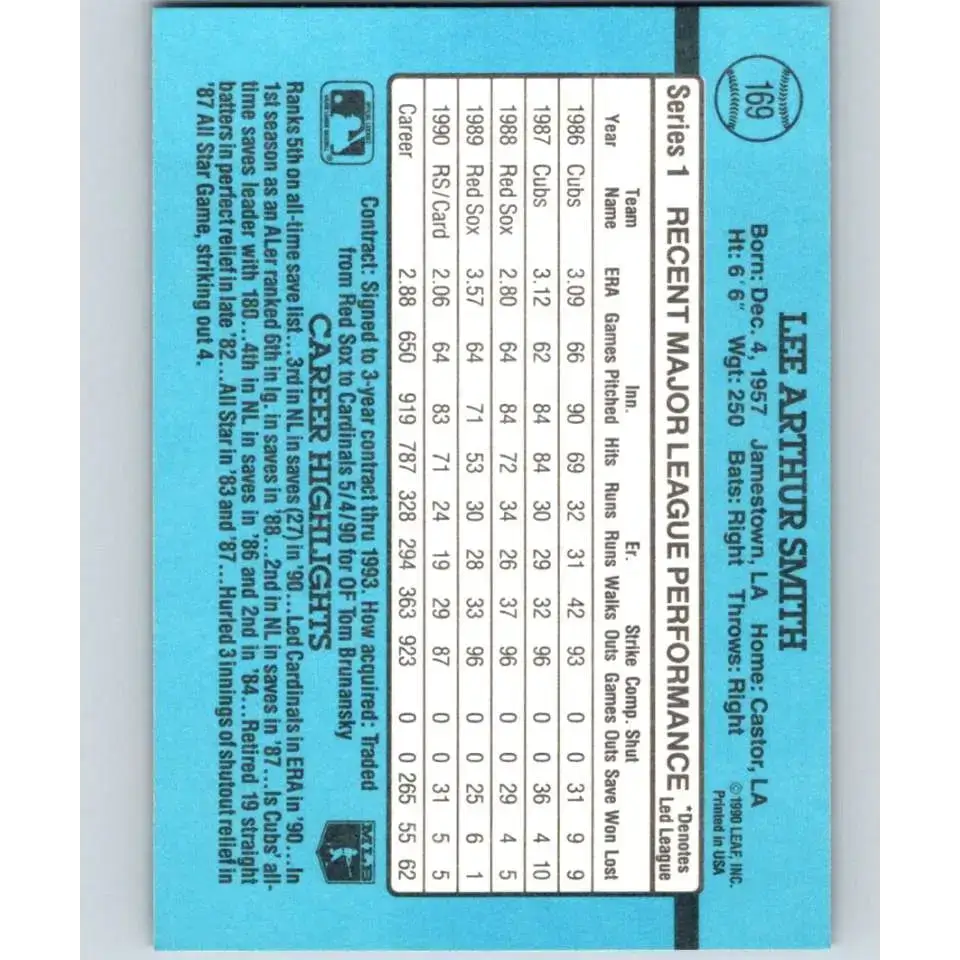 1991 Donruss #169 Lee Smith NM-MT St. Louis Cardinals Baseball Card - Baseball Card Single