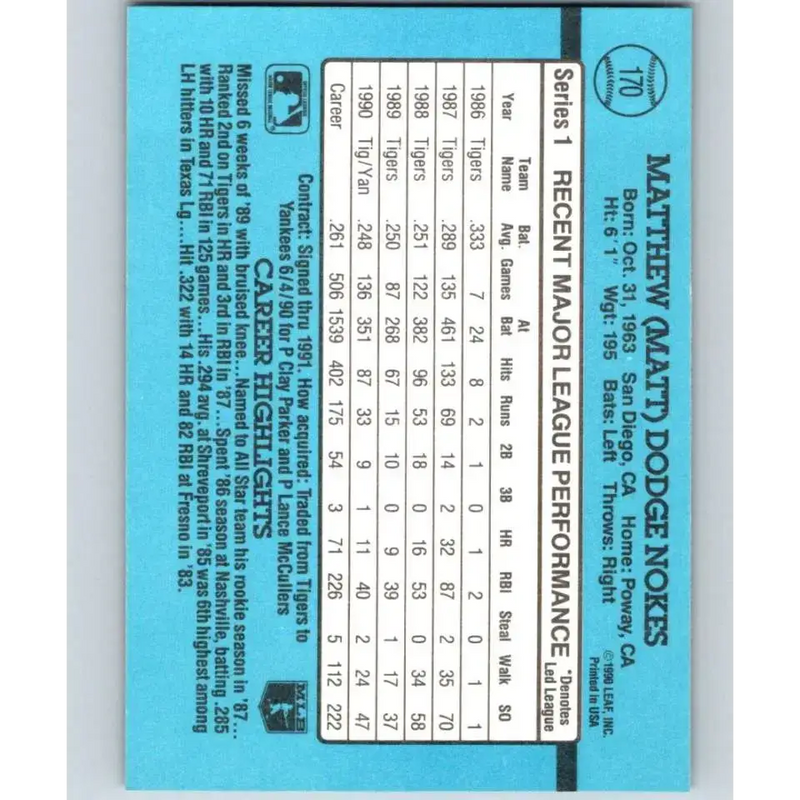 1991 Donruss #170 Matt Nokes NM-MT New York Yankees Baseball Card - Baseball Card Single