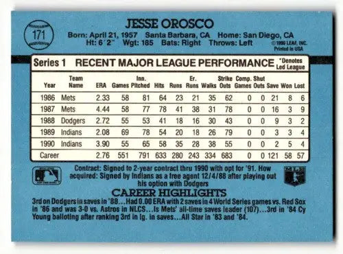 1991 Donruss #171 Jesse Orosco Cleveland Indians Baseball Cards EX/N ID:57672 - Baseball Card Single