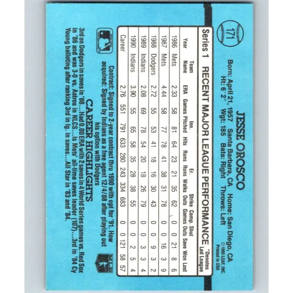 1991 Donruss #171 Jesse Orosco NM-MT Cleveland Indians Baseball Card - Baseball Card Single