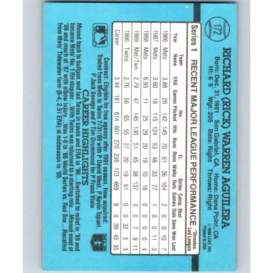 1991 Donruss #172 Rick Aguilera NM-MT Minnesota Twins Baseball Card - Baseball Card Single