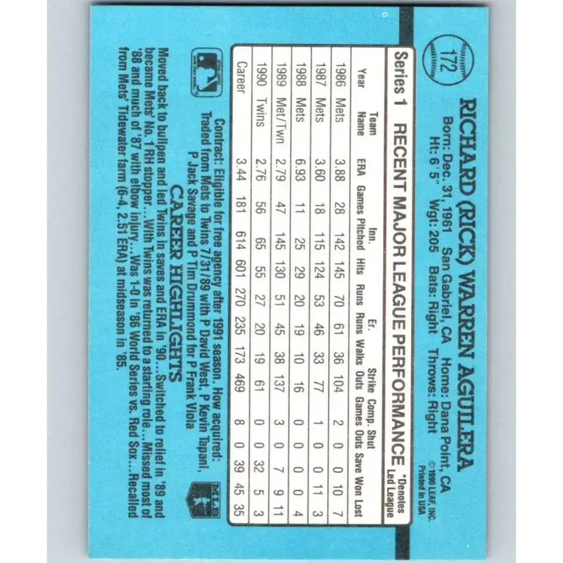 1991 Donruss #172 Rick Aguilera NM-MT Minnesota Twins Baseball Card - Baseball Card Single
