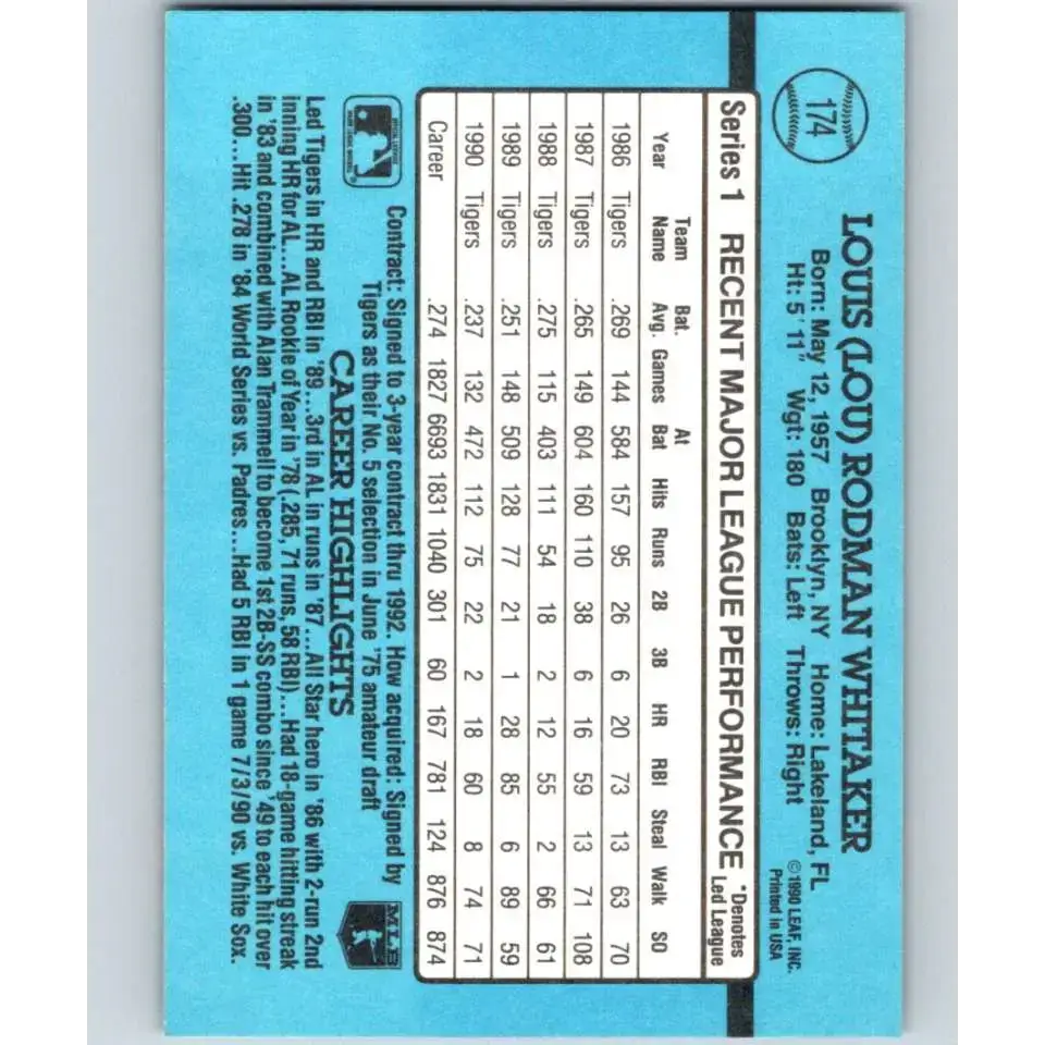 1991 Donruss #174 Lou Whitaker NM-MT Detroit Tigers Baseball Card - Baseball Card Single