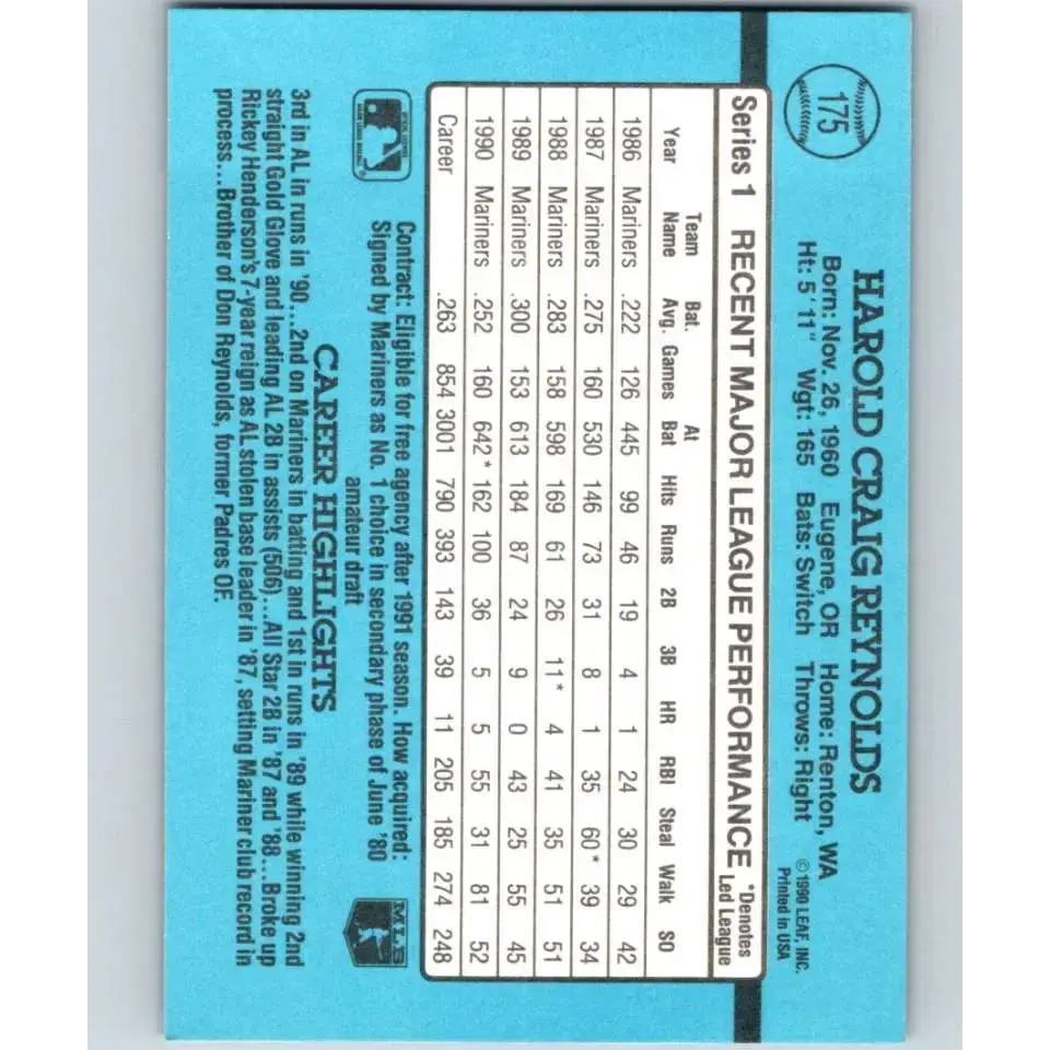 1991 Donruss #175 Harold Reynolds NM-MT Seattle Mariners Baseball Card - Baseball Card Single
