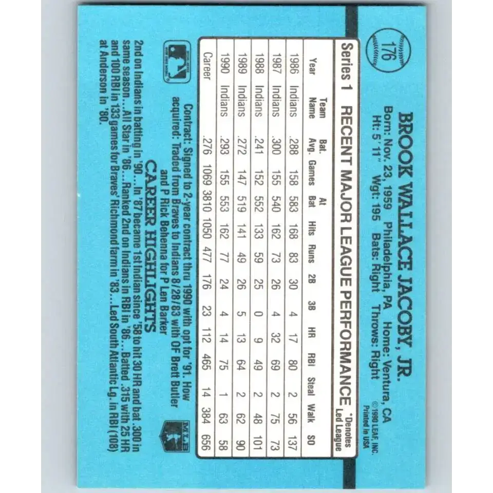 1991 Donruss #176 Brook Jacoby NM-MT Cleveland Indians Baseball Card - Baseball Card Single