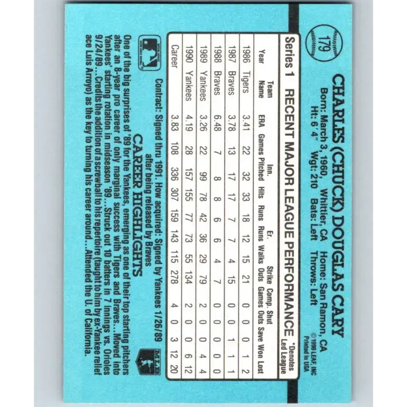1991 Donruss #179 Chuck Cary UER NM-MT New York Yankees Baseball Card - Baseball Card Single
