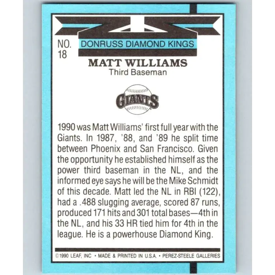 1991 Donruss #18 Matt Williams DK NM-MT San Francisco Giants Baseball Card - Baseball Card Single