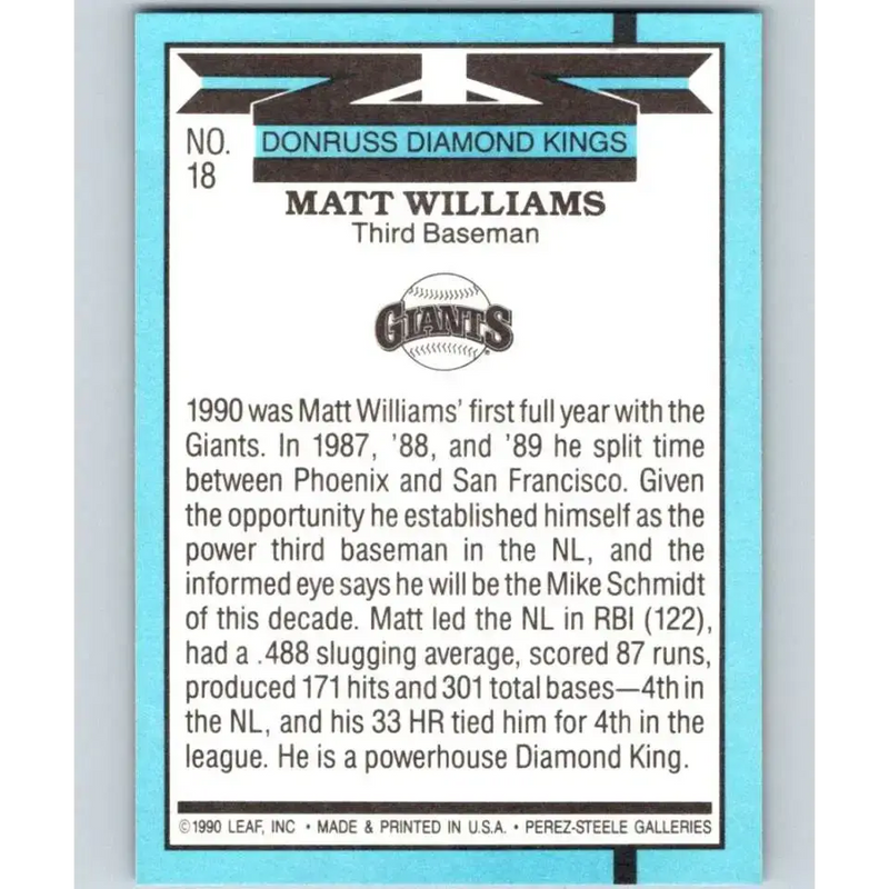 1991 Donruss #18 Matt Williams DK NM-MT San Francisco Giants Baseball Card - Baseball Card Single