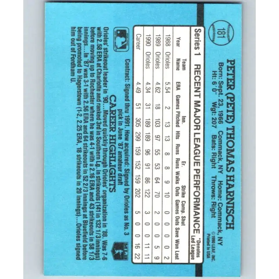 1991 Donruss #181 Pete Harnisch NM-MT Baltimore Orioles Baseball Card - Baseball Card Single