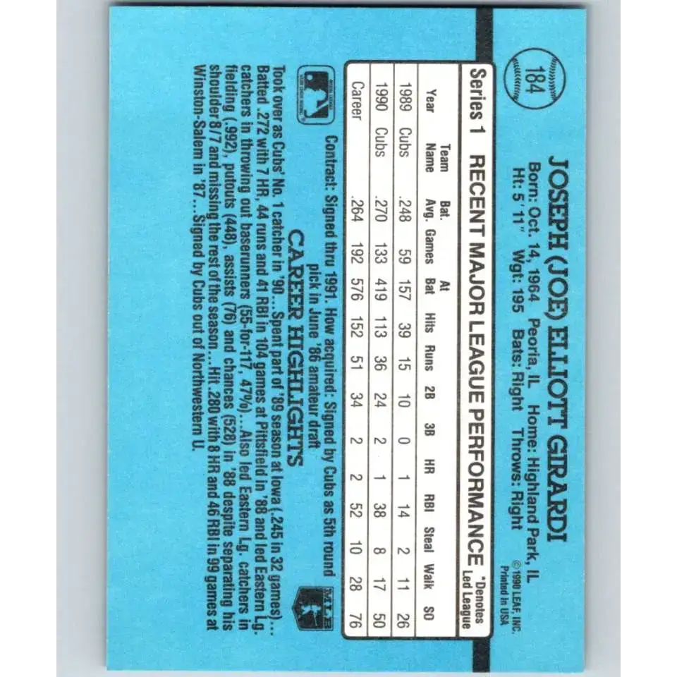 1991 Donruss #184 Joe Girardi NM-MT Chicago Cubs Baseball Card - Baseball Card Single