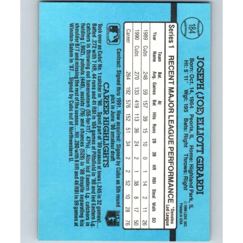 1991 Donruss #184 Joe Girardi NM-MT Chicago Cubs Baseball Card - Baseball Card Single
