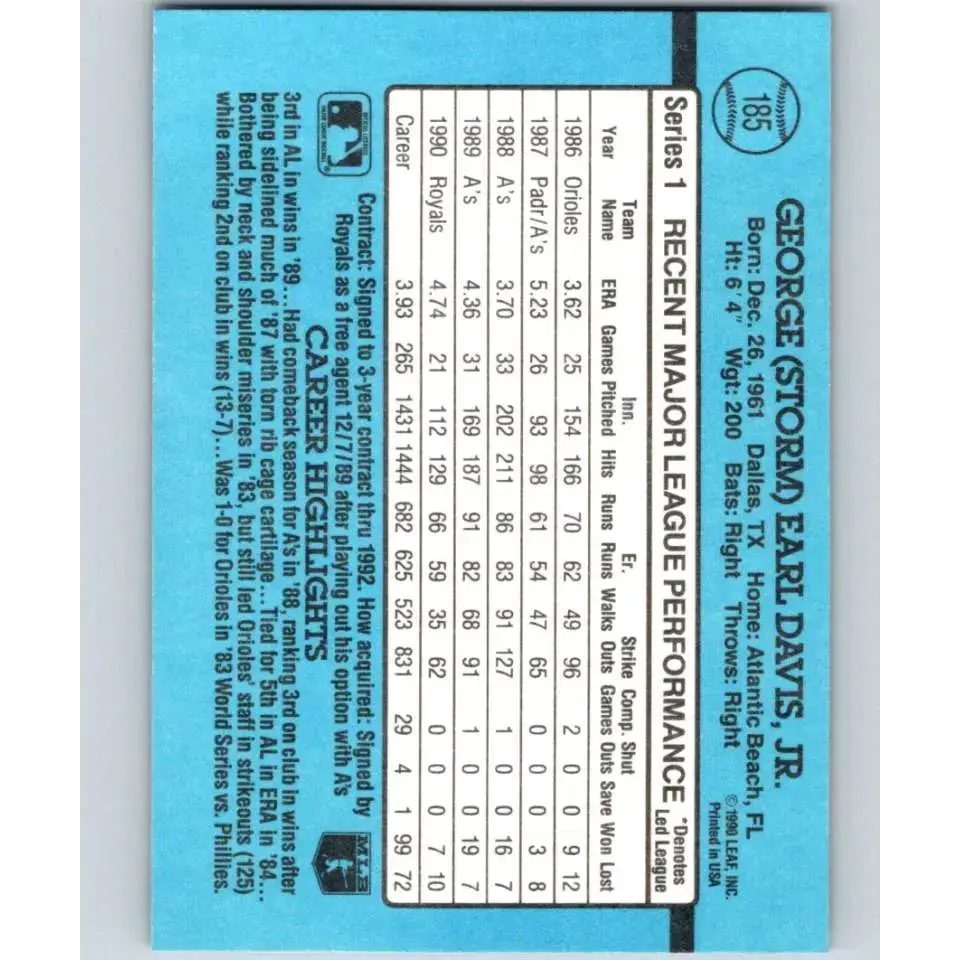 1991 Donruss #185 Storm Davis NM-MT Kansas City Royals Baseball Card - Baseball Card Single